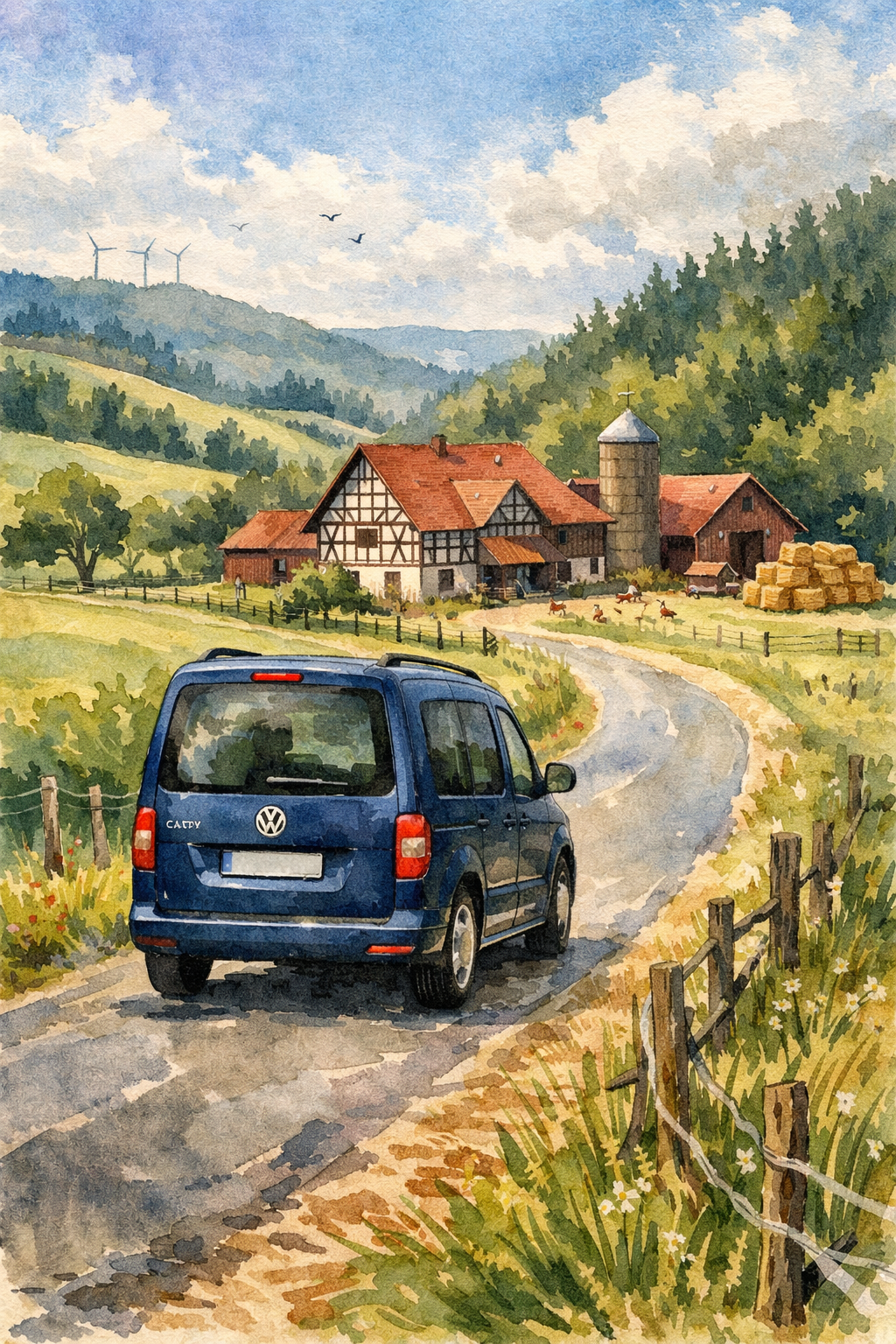 Praxisauto auf dem Weg zu einem Hof im Siegerland